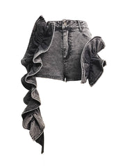 Ruffle Train Denim Mini Shorts