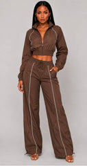 Contrast Piping Cropped Windbreaker & Wide-Leg Pants Set