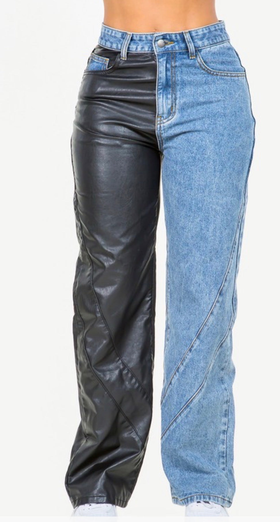606 “Patchwork Faux Leather Wide leg” jeans