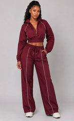 Contrast Piping Cropped Windbreaker & Wide-Leg Pants Set