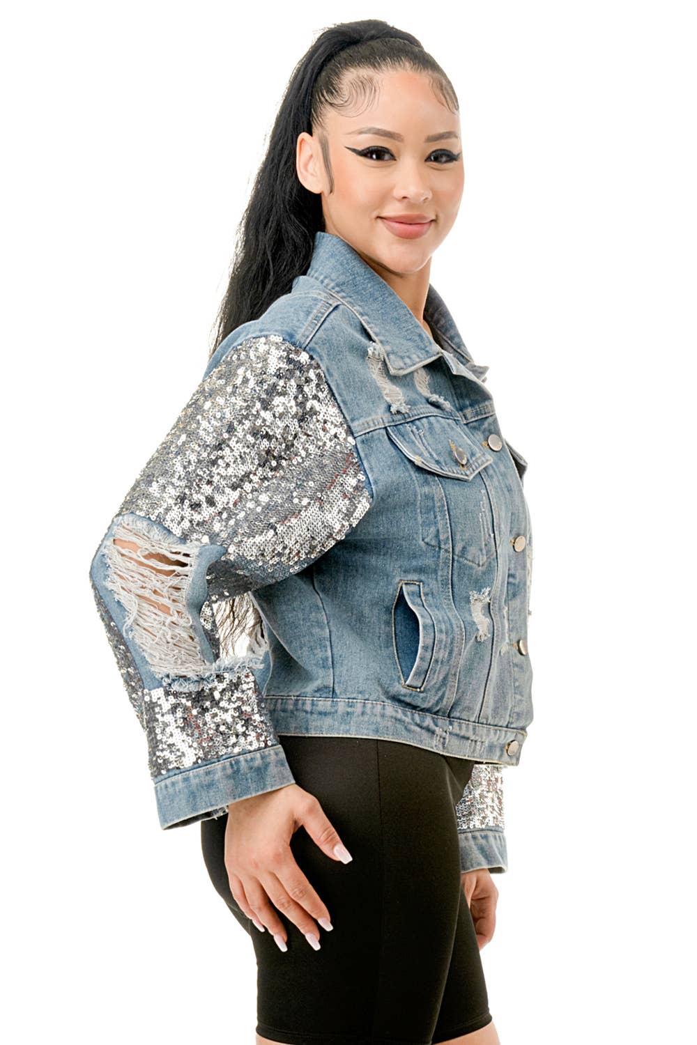 (NJ7209)Sequin Sleeve Distressed Denim Crop Jacket