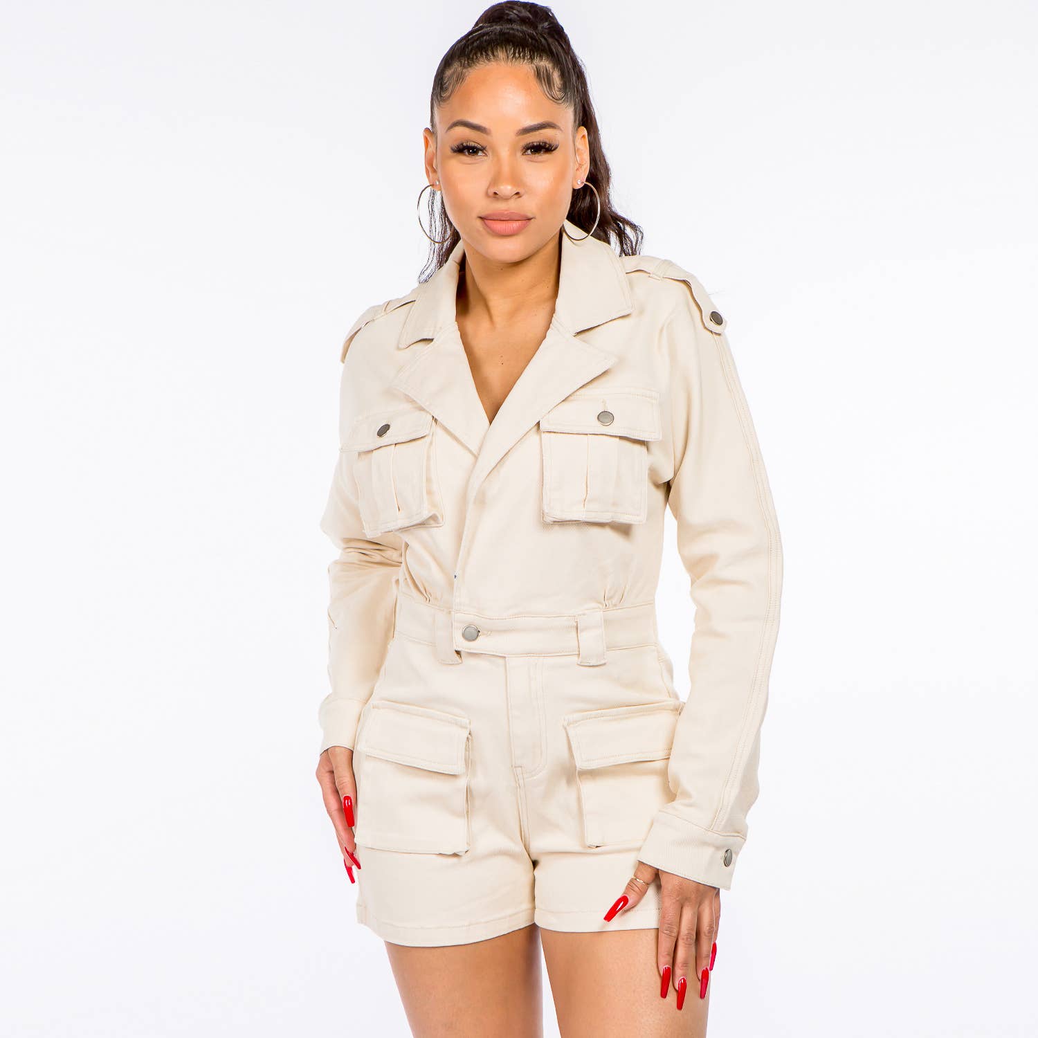 UTILITY POCKETS LONG SLEEVE ROMPERS-AJR30342