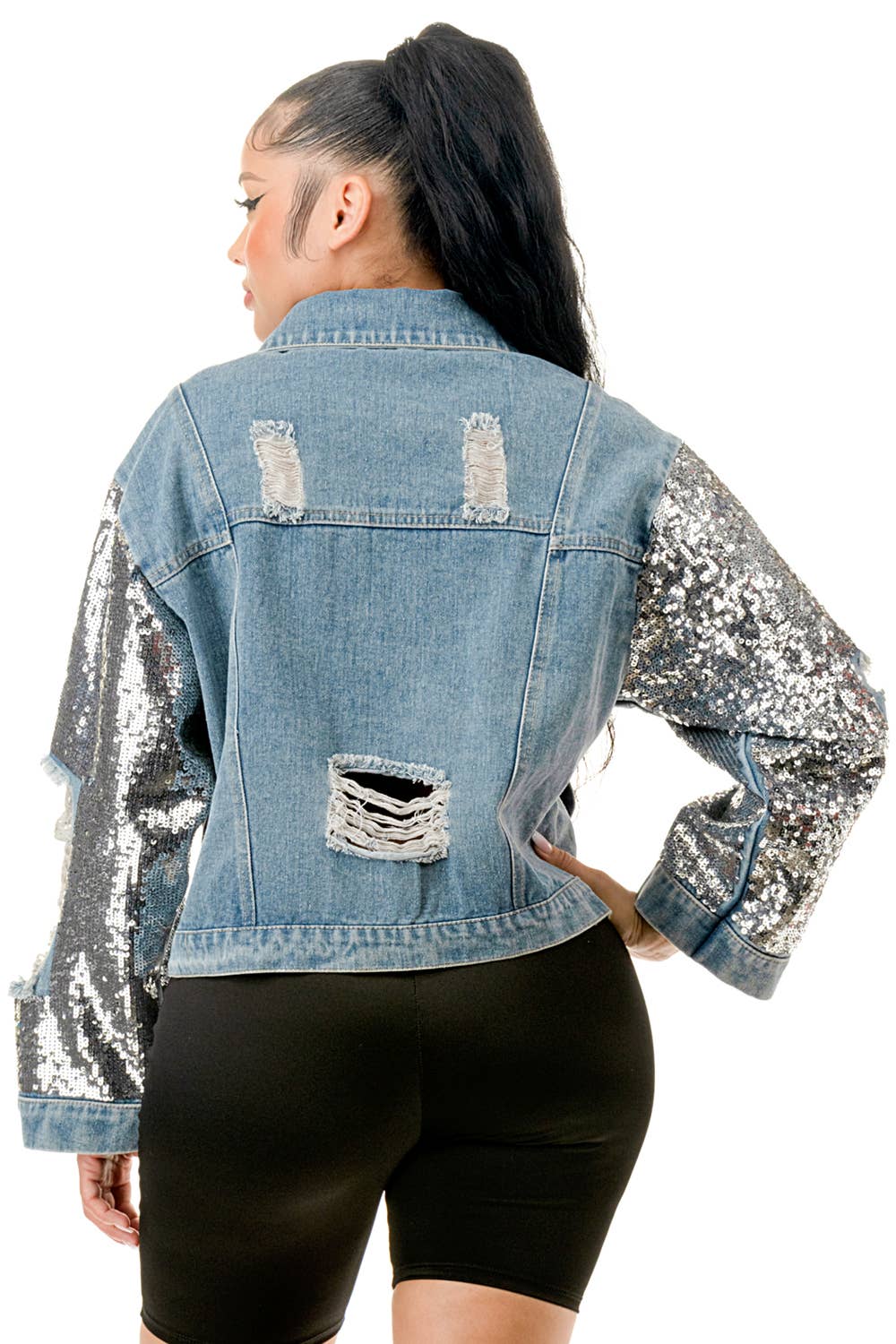 (NJ7209)Sequin Sleeve Distressed Denim Crop Jacket