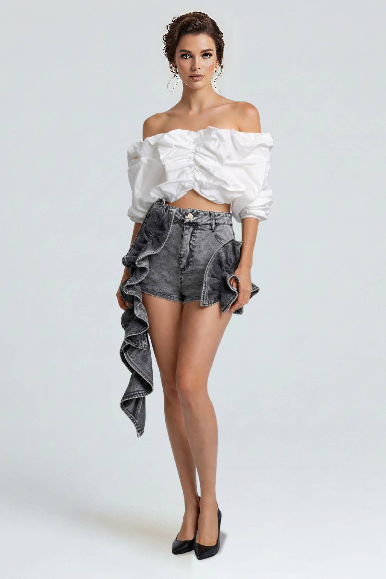 Ruffle Train Denim Mini Shorts