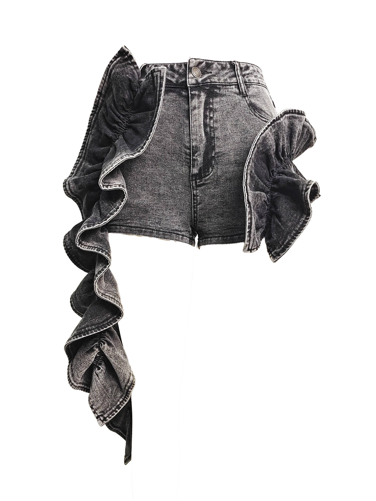 Ruffle Train Denim Mini Shorts
