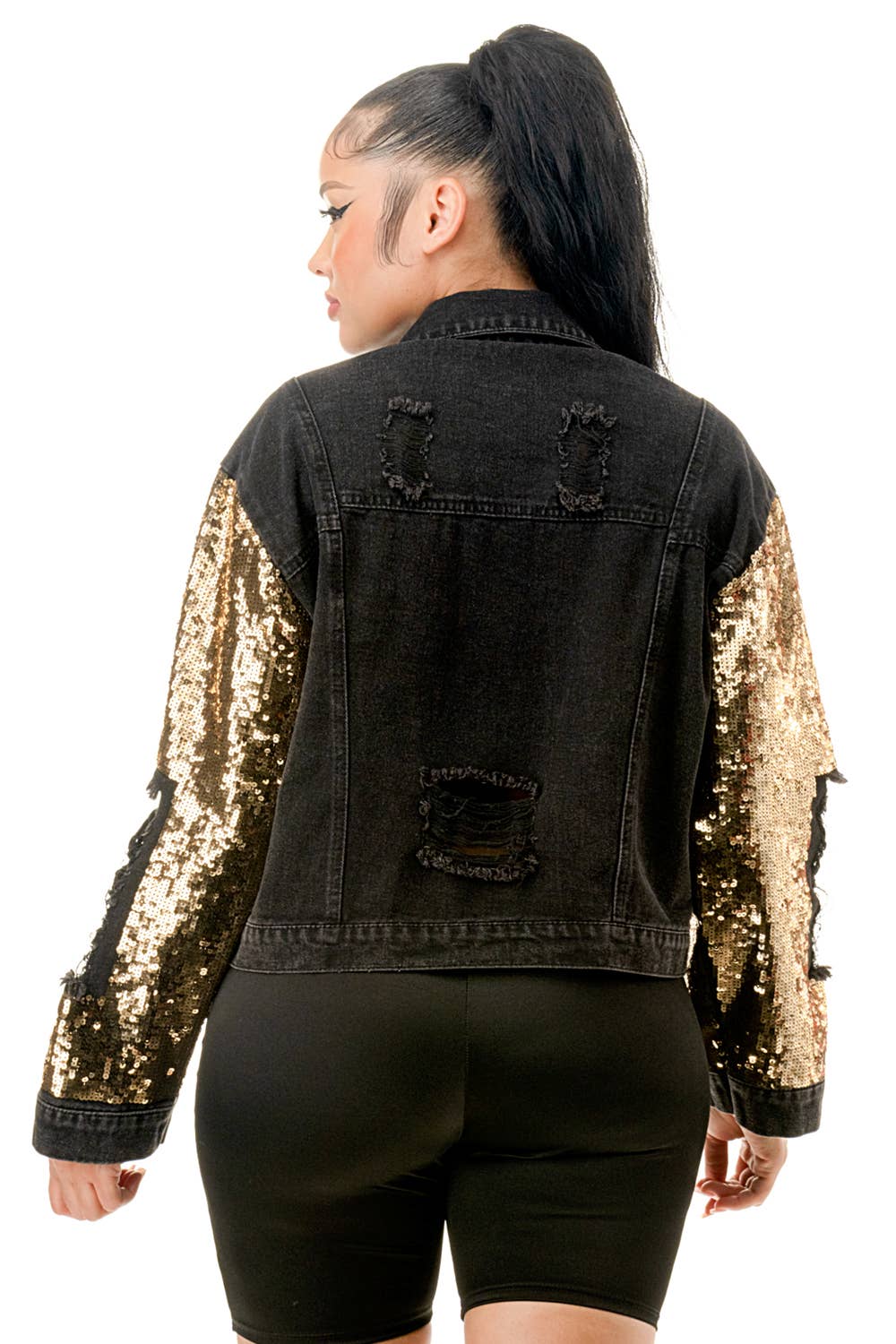 (NJ7209)Sequin Sleeve Distressed Denim Crop Jacket