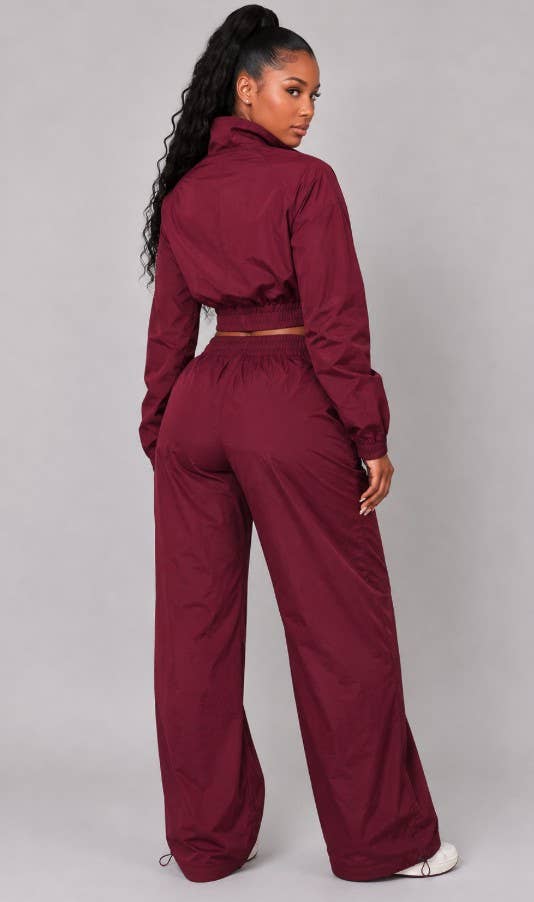 Contrast Piping Cropped Windbreaker & Wide-Leg Pants Set