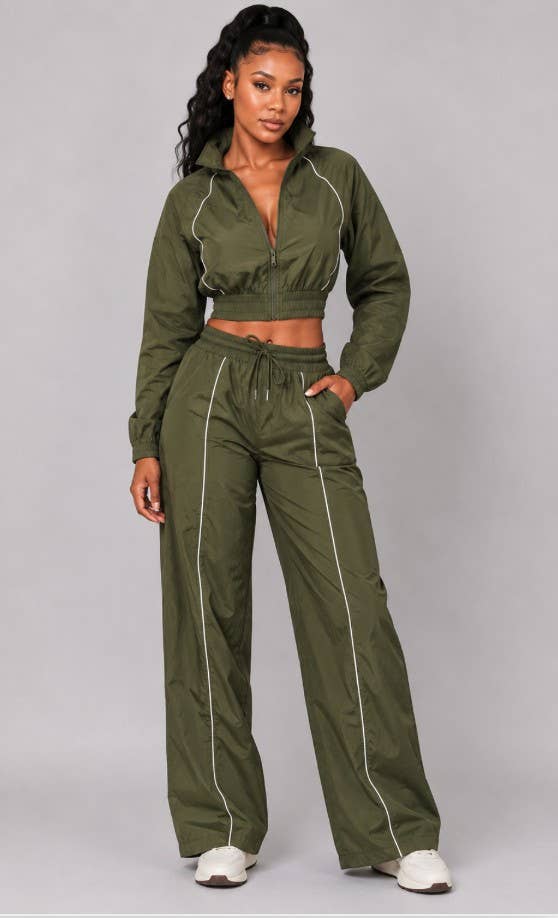 Contrast Piping Cropped Windbreaker & Wide-Leg Pants Set