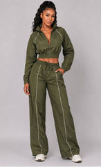 Contrast Piping Cropped Windbreaker & Wide-Leg Pants Set