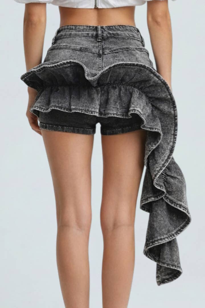 Ruffle Train Denim Mini Shorts