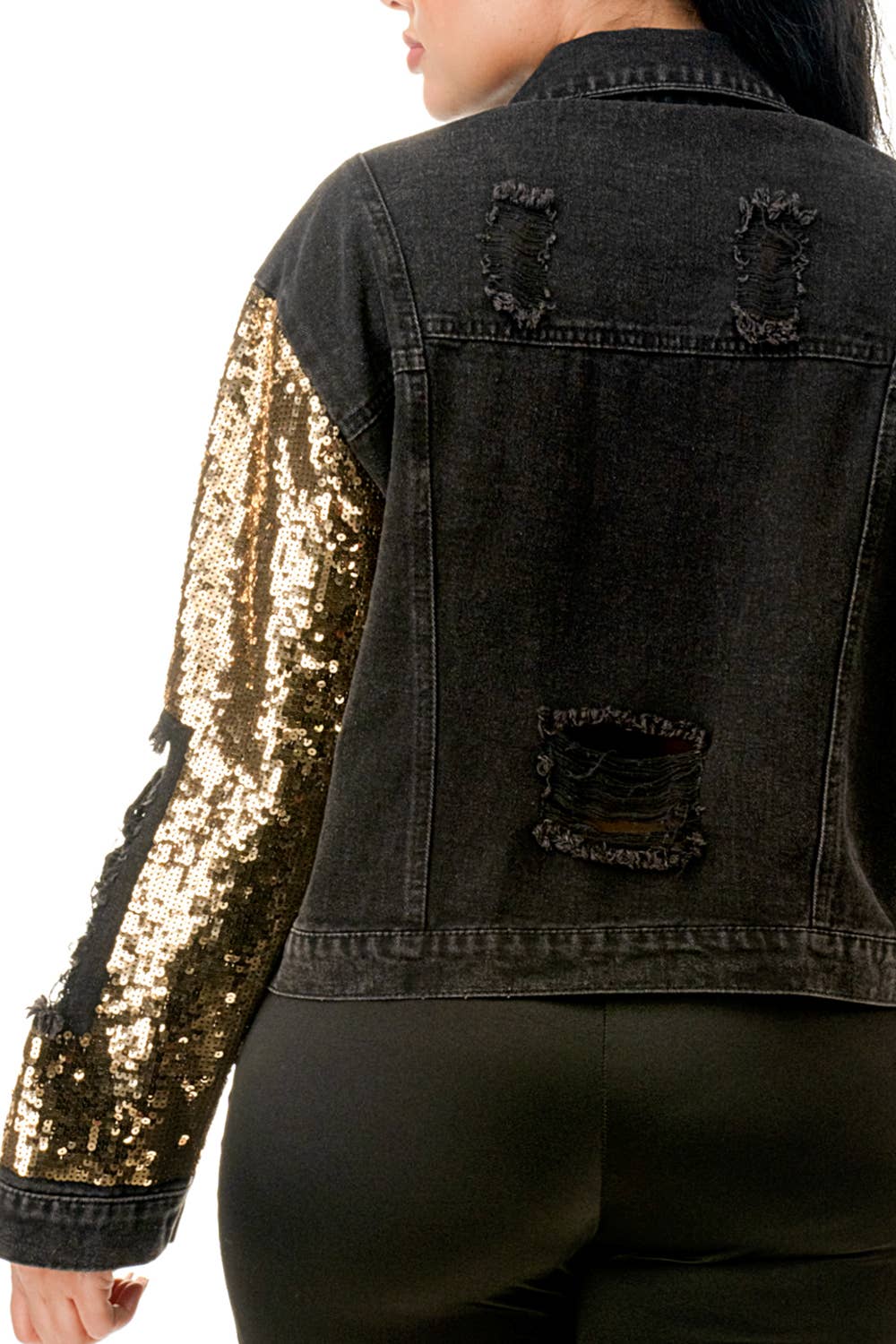 (NJ7209)Sequin Sleeve Distressed Denim Crop Jacket