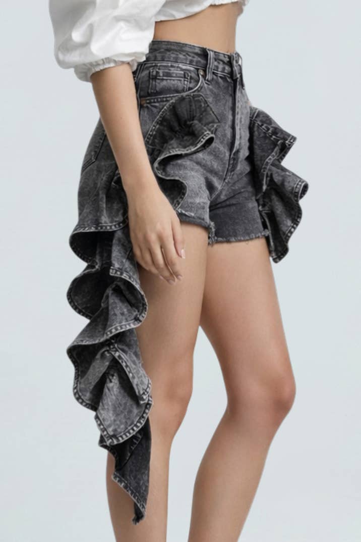 Ruffle Train Denim Mini Shorts
