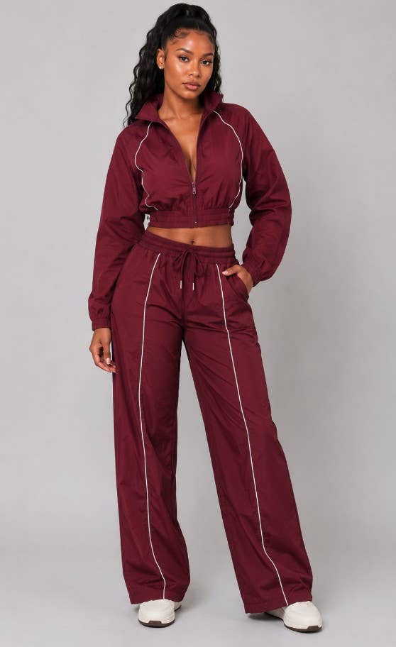 Contrast Piping Cropped Windbreaker & Wide-Leg Pants Set