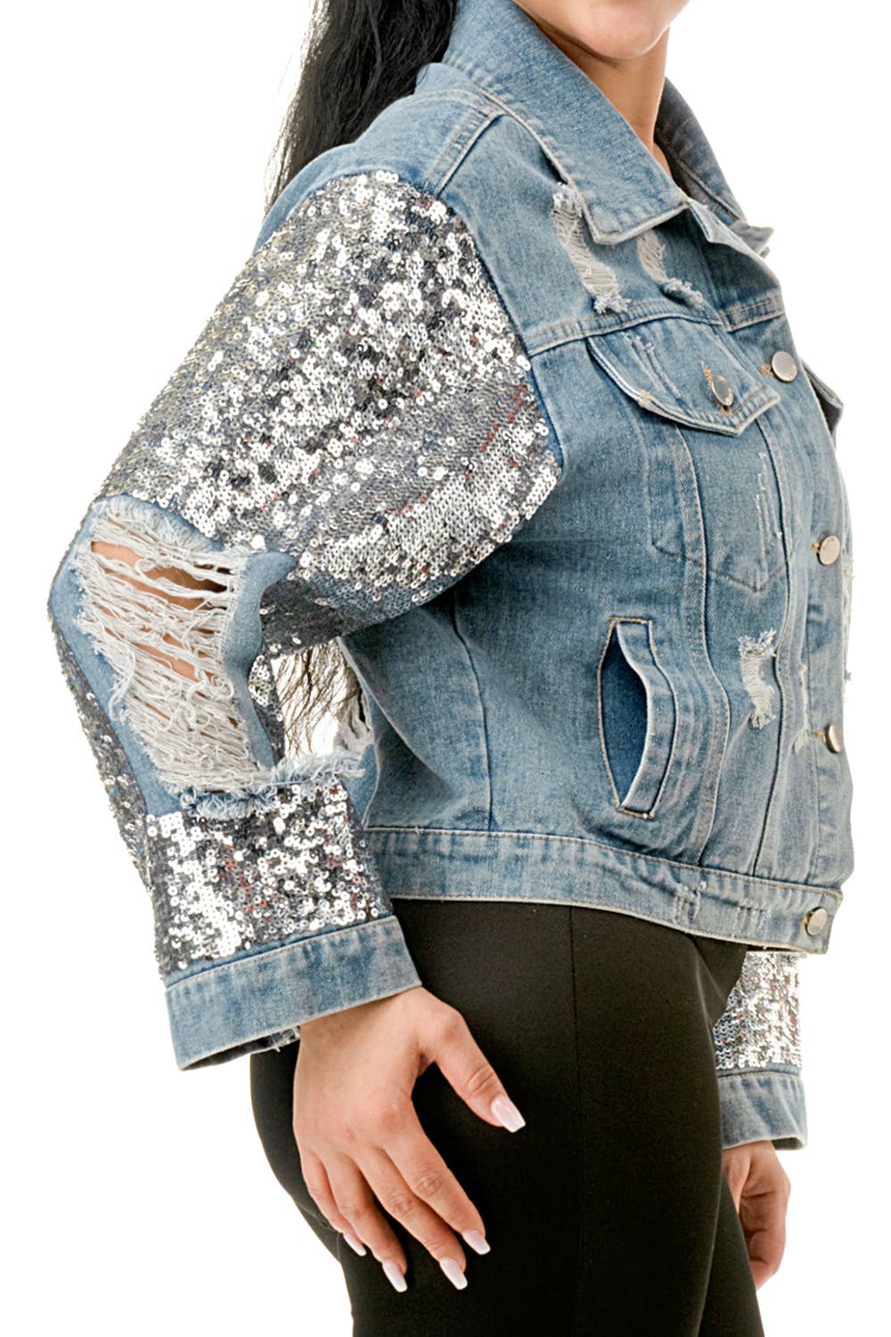 (NJ7209)Sequin Sleeve Distressed Denim Crop Jacket