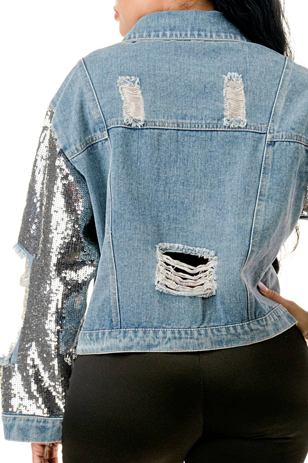 (NJ7209)Sequin Sleeve Distressed Denim Crop Jacket