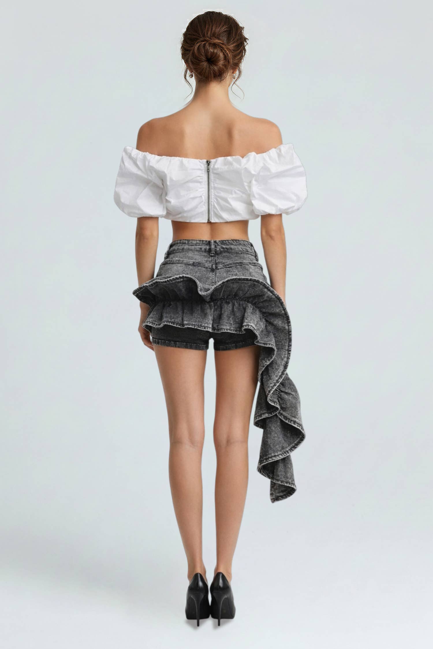 Ruffle Train Denim Mini Shorts