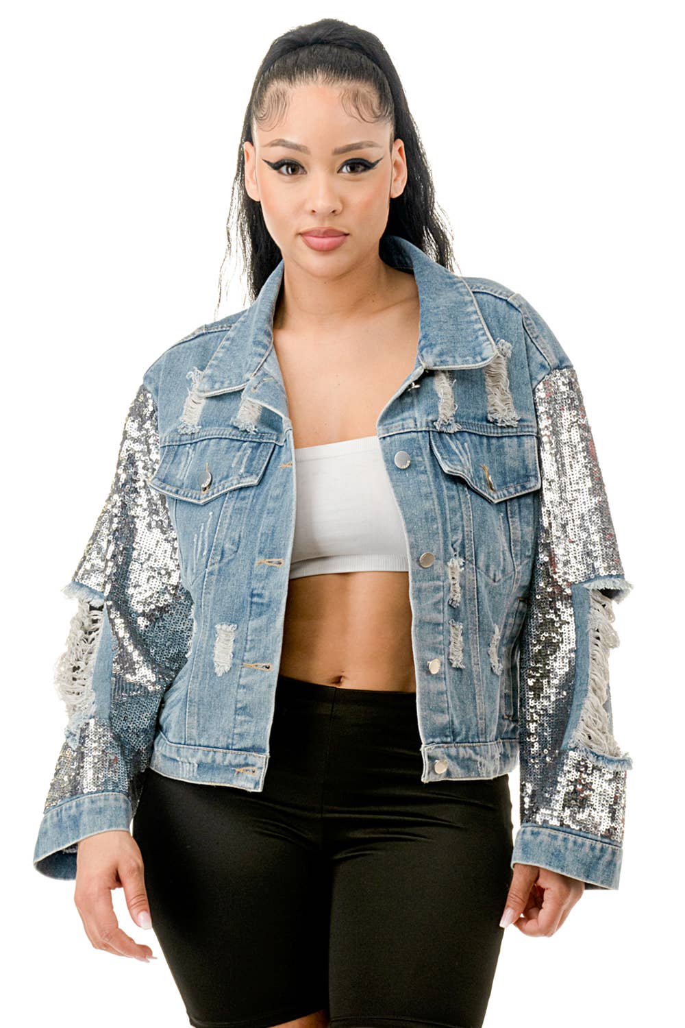 (NJ7209)Sequin Sleeve Distressed Denim Crop Jacket