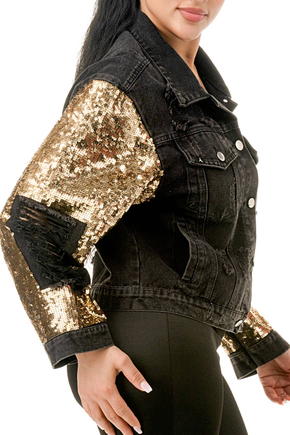 (NJ7209)Sequin Sleeve Distressed Denim Crop Jacket