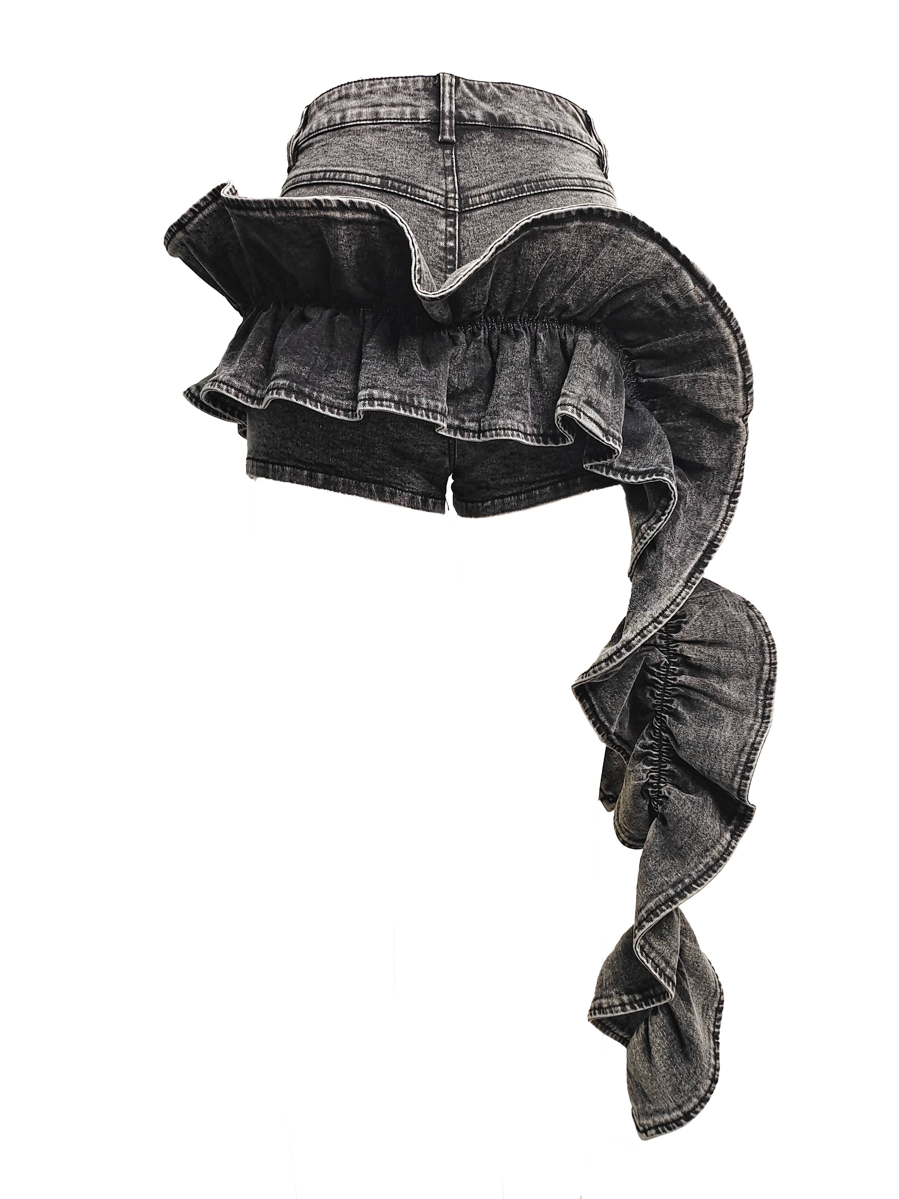 Ruffle Train Denim Mini Shorts